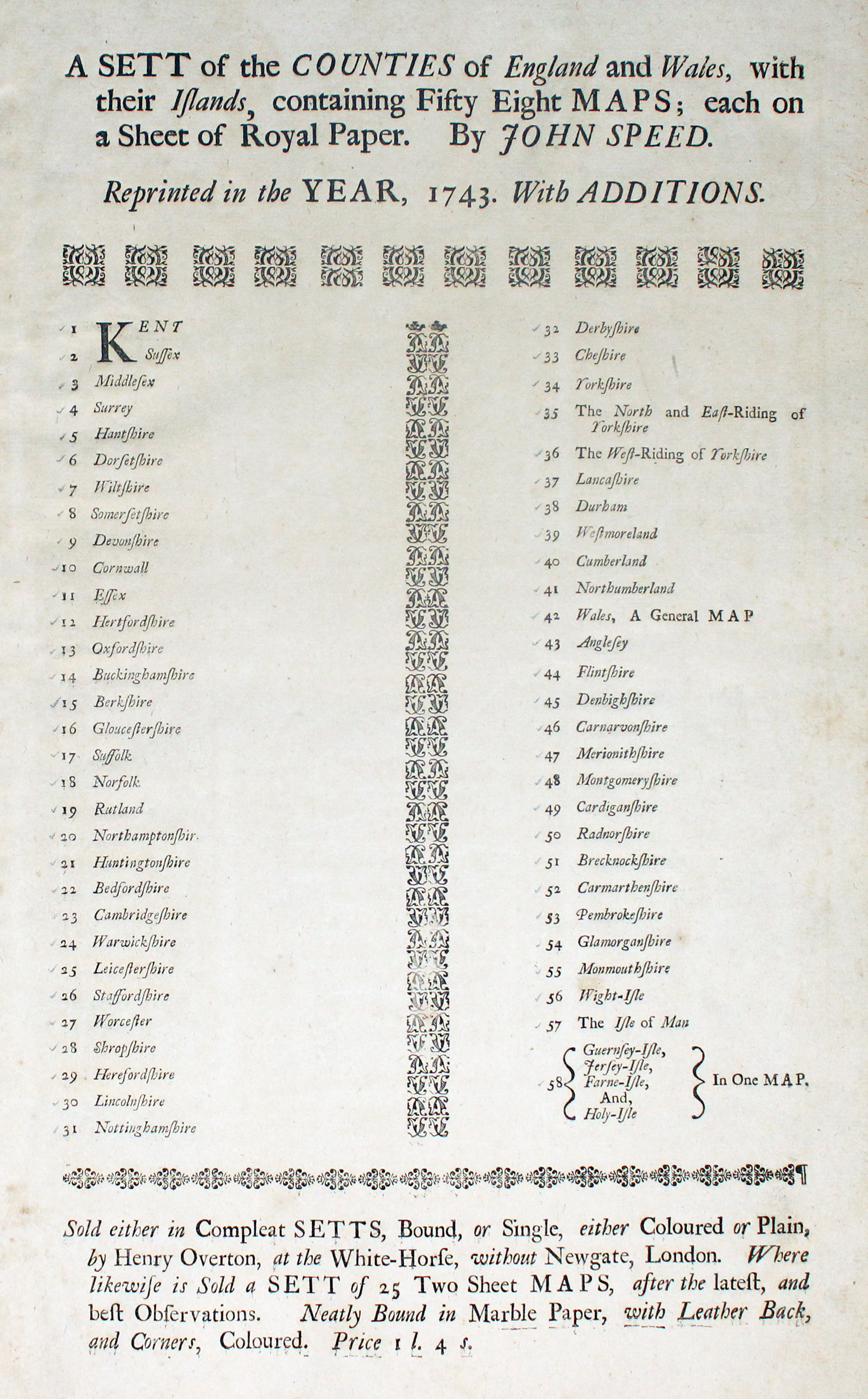 List of maps page from Henry Overton's atlas of John Speed maps 1743  List of maps page from Henry Overton's atlas of John Speed maps 1743