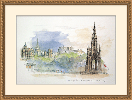 Framed view of Princess Street with the Scott Monument by Mads Stage